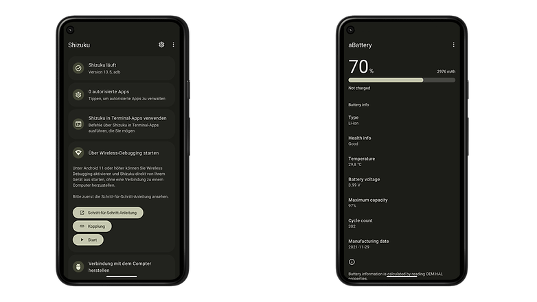 Shizuku app options and Battery status screen
