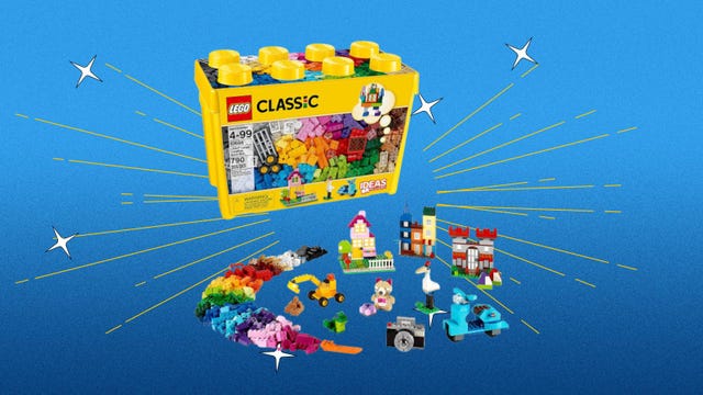 The LEGO Classic Large Creative Brick Box is displayed against a blue background.