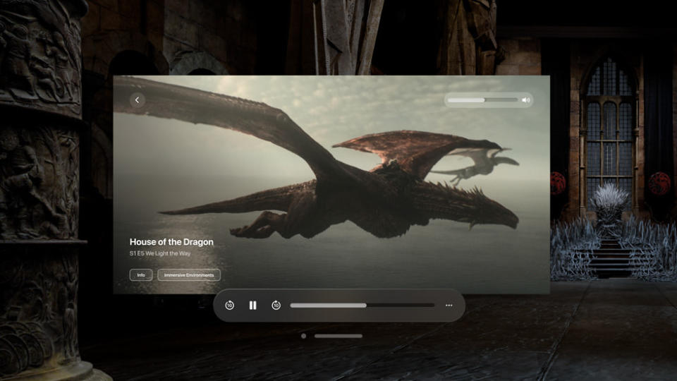 Image of the Max app on VisionOS. A screen showing House of the Dragon floats in the center with the Iron Throne room in the background.