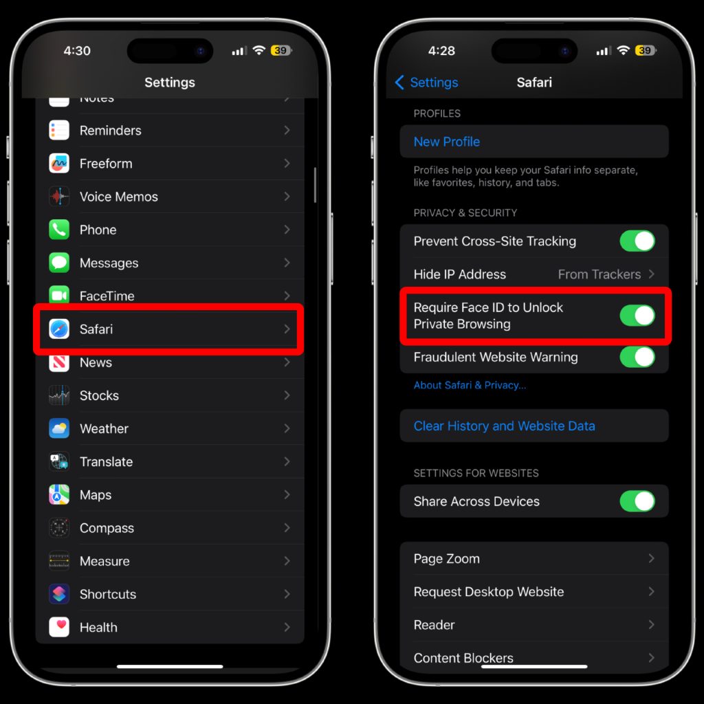 iOS 17 security feature that requires Face ID to unlock private browsing on iPhone 15
